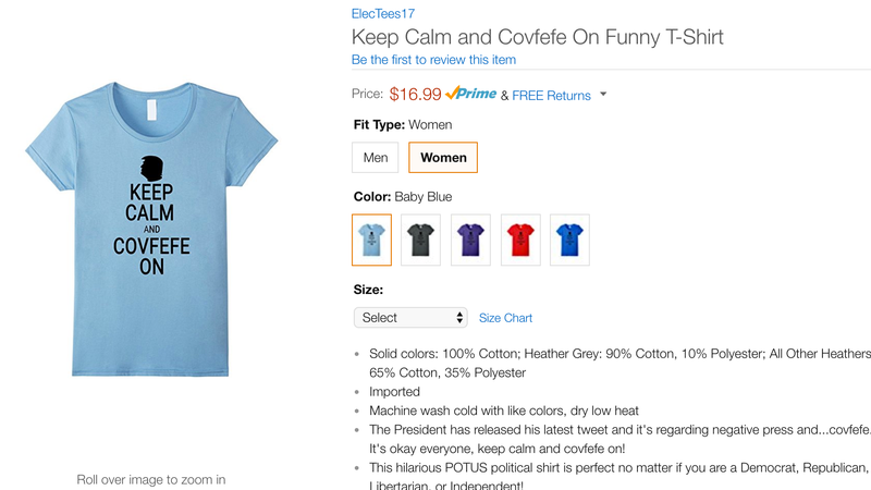 Illustration for article titled Be the Saddest Guy in the Office With Amazon's Embarrassing 'Covfefe' Swag